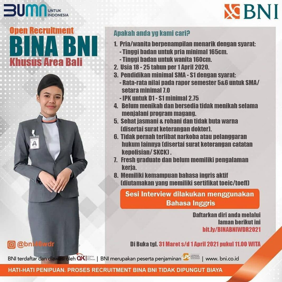 Lowongan BUMN Program Bina BNI Wilayah Bali 2021 - Goletskerja.com